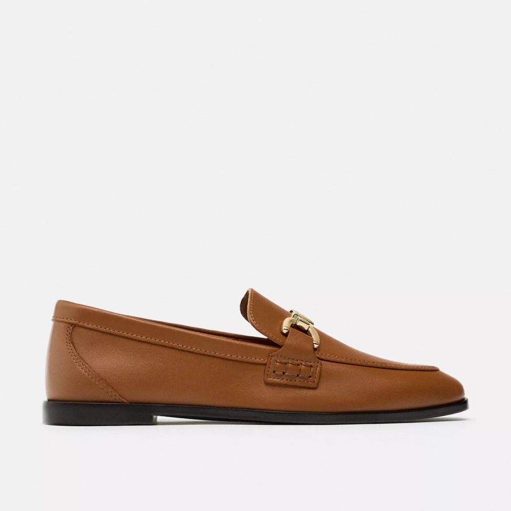 Zara Tan Leather Loafers with Gold Accent